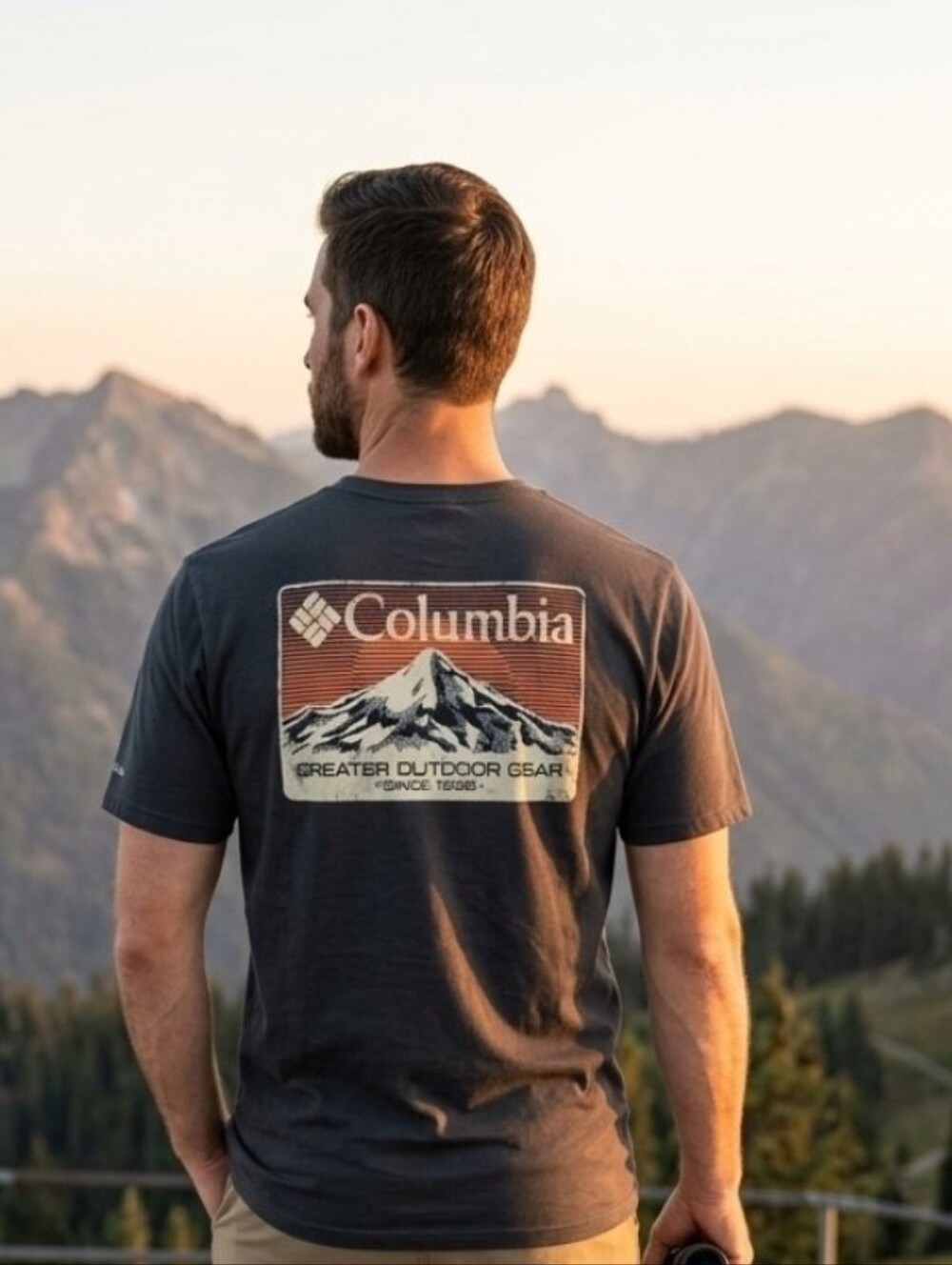 Columbia Men's Graphic T-Shirt Black Mountain Sunset LG #003